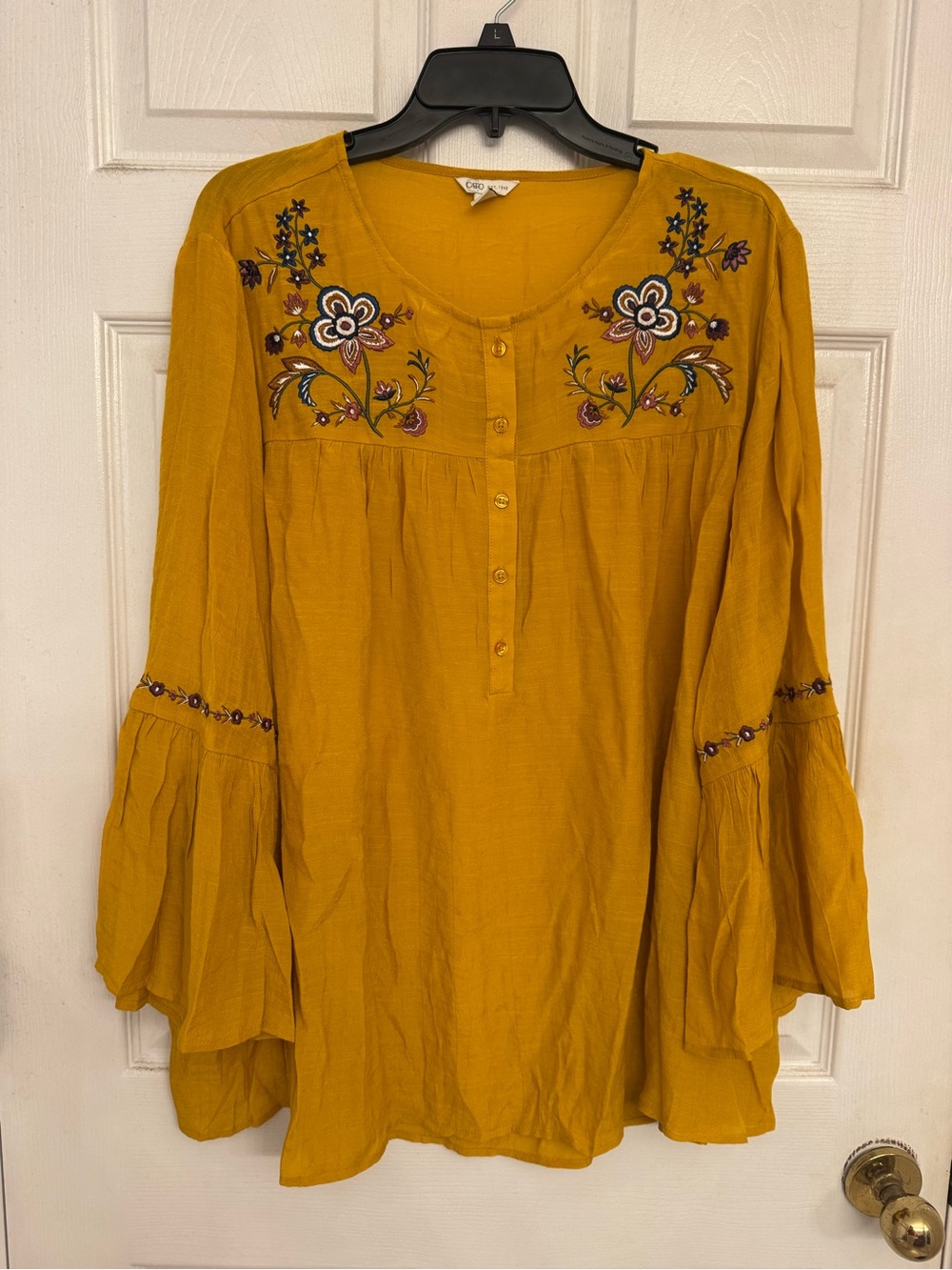 Cato Women’s Embroidered Mustard Peasant Top